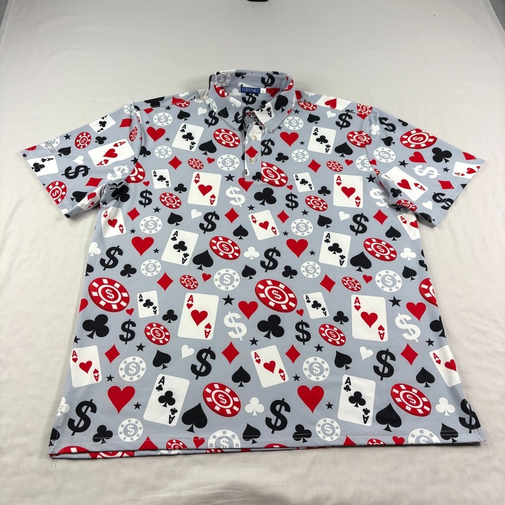 Hreski Golf Polo Shirt Mens‎ Large Gray Poker Graphic Performance Wicking